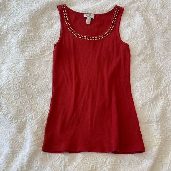 Loft Size Medium Ribbed Beaded Boho Artsy Rust Red Cotton Tank Top - Picture 1 of 7